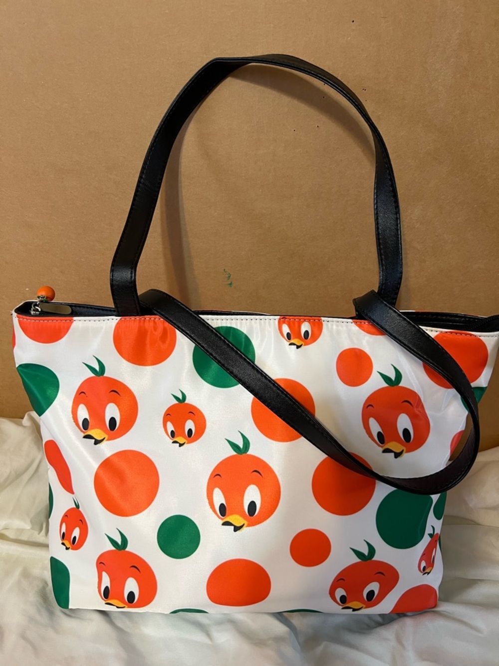 Orange Bird Print Tote Bag with Black Straps